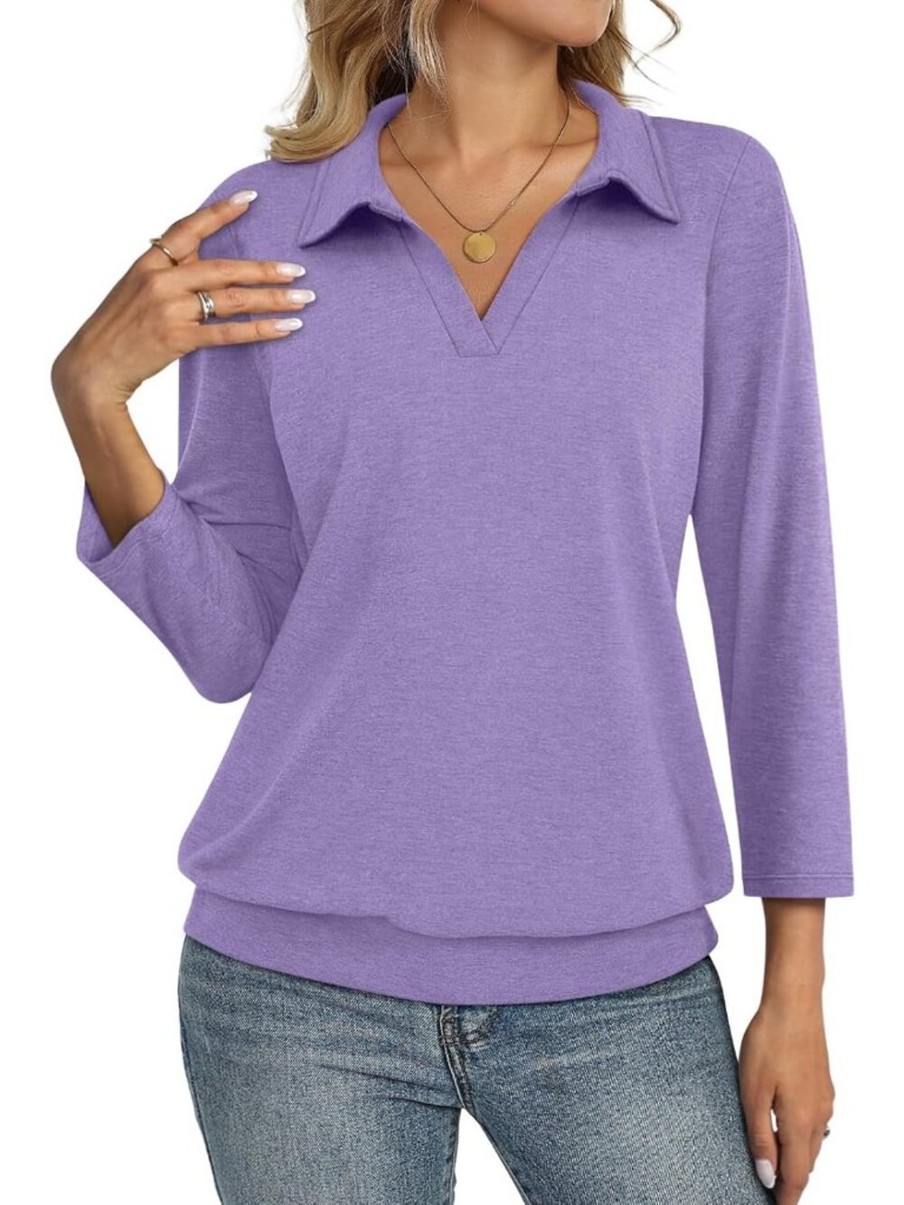 Women's Purple V Neck Banded Bottom 3/4 Sleeve Shirts Collared Casual Blouses